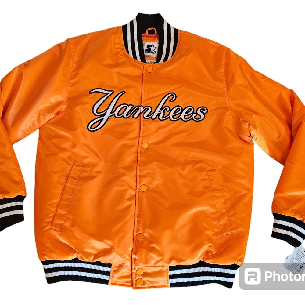 Starter Yankees cross Bronx fashion satin full-snap varsity jacket orange sz L